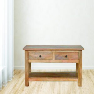 Stolik kawowy z litego drewna mango – dębowy, 80 cm — model IN001