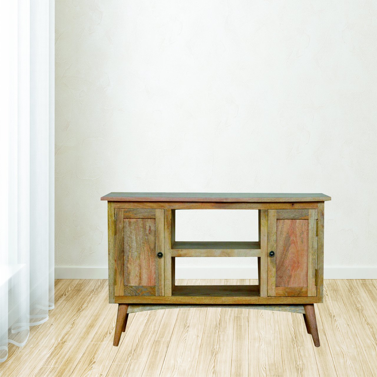 Szafka RTV z litego drewna mango – dębowa, 100 cm — model IN041