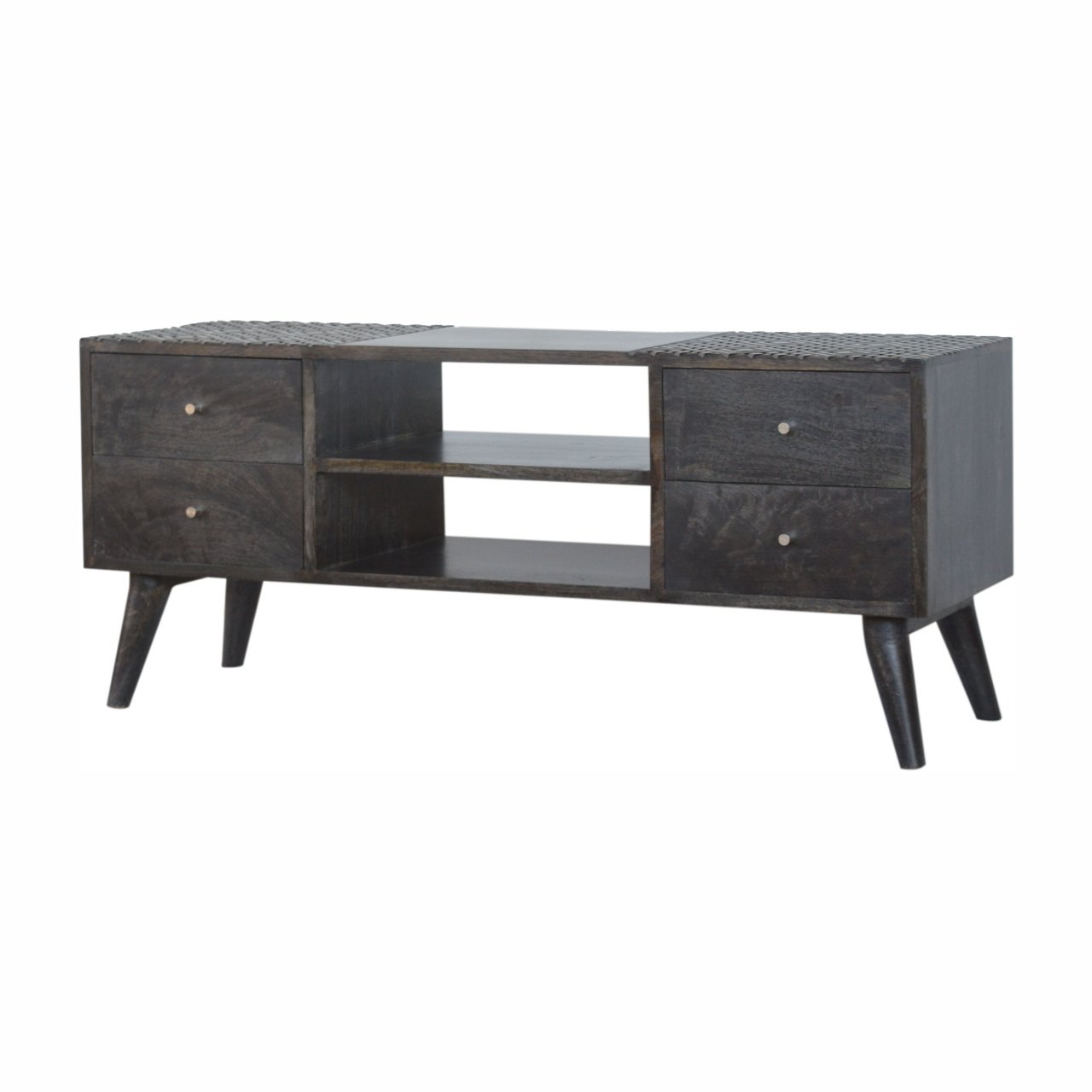 Szafka RTV z litego drewna mango – czarna, 110 cm - obrazek 3