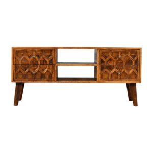 Szafka RTV z litego drewna mango – kasztanowa, 110 cm — model IN1803