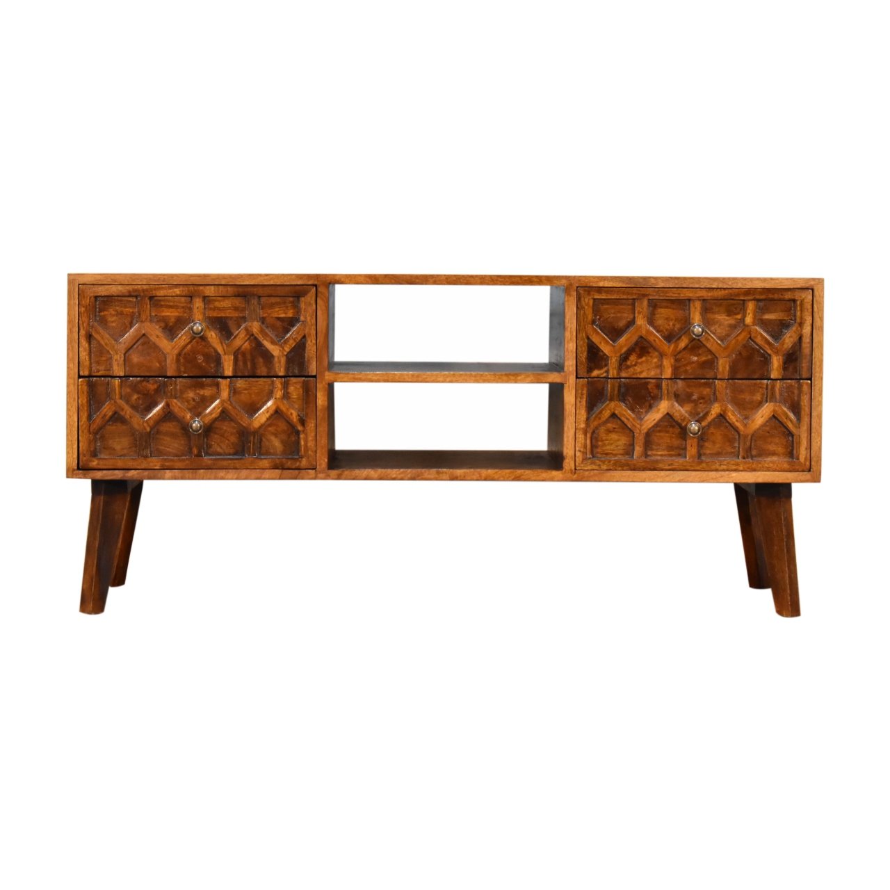 Szafka RTV z litego drewna mango – kasztanowa, 110 cm — model IN1803