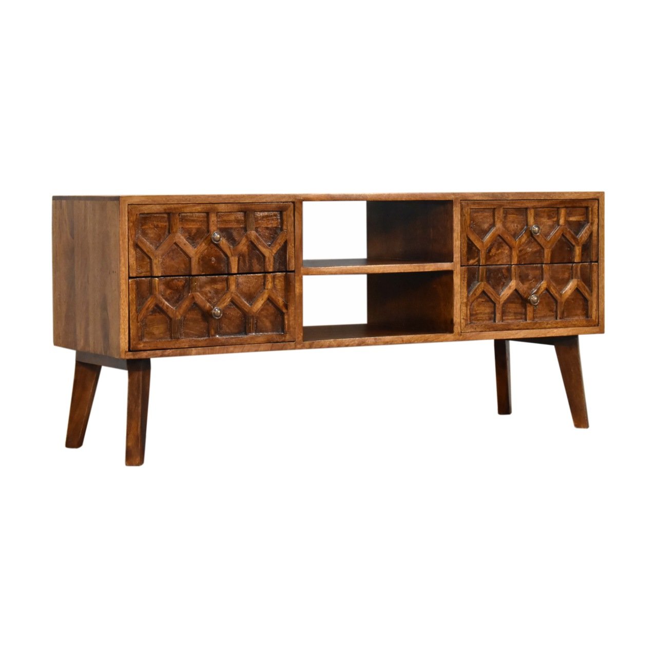 Szafka RTV z litego drewna mango – kasztanowa, 110 cm — model IN1803 - obrazek 2
