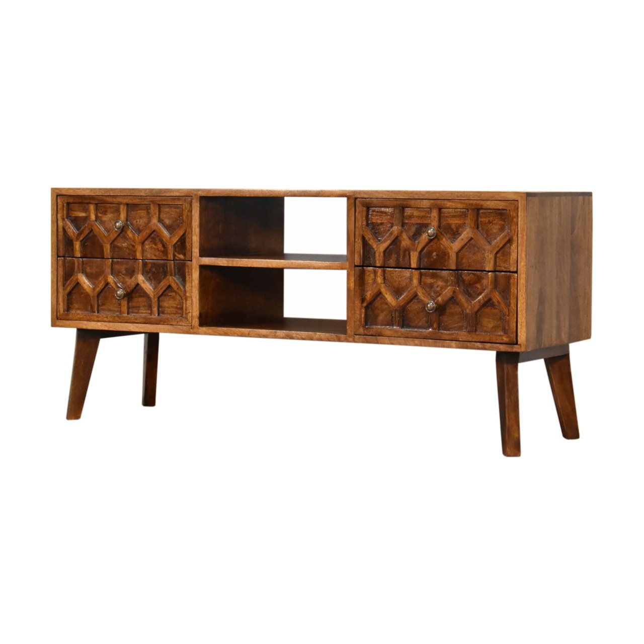 Szafka RTV z litego drewna mango – kasztanowa, 110 cm — model IN1803 - obrazek 3