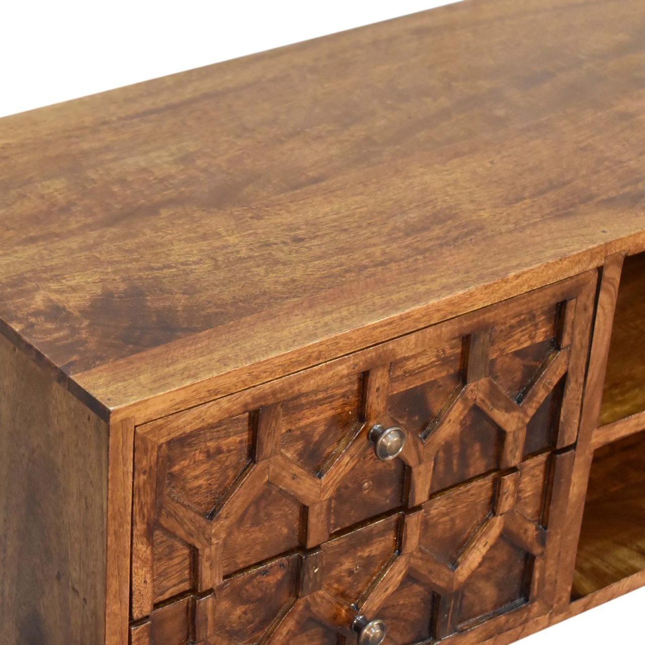 Szafka RTV z litego drewna mango – kasztanowa, 110 cm — model IN1803 - obrazek 6