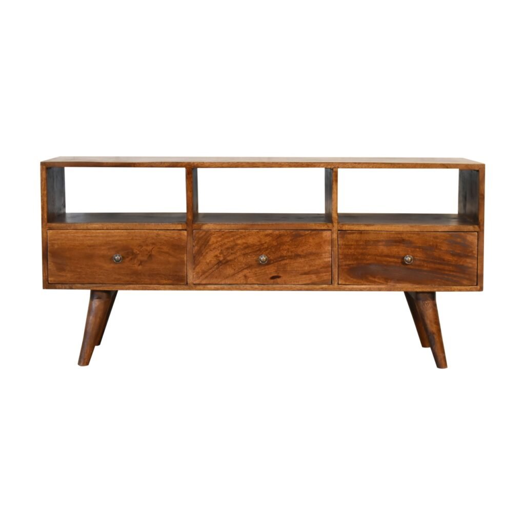 Szafka RTV z litego drewna mango – kasztanowa, 110 cm — model IN1819