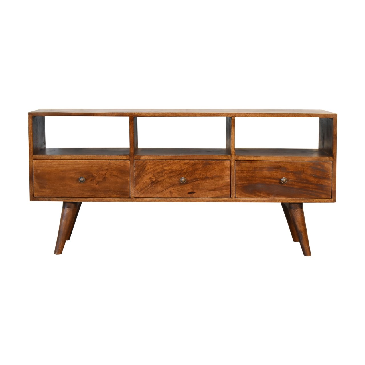 Szafka RTV z litego drewna mango – kasztanowa, 110 cm — model IN1819