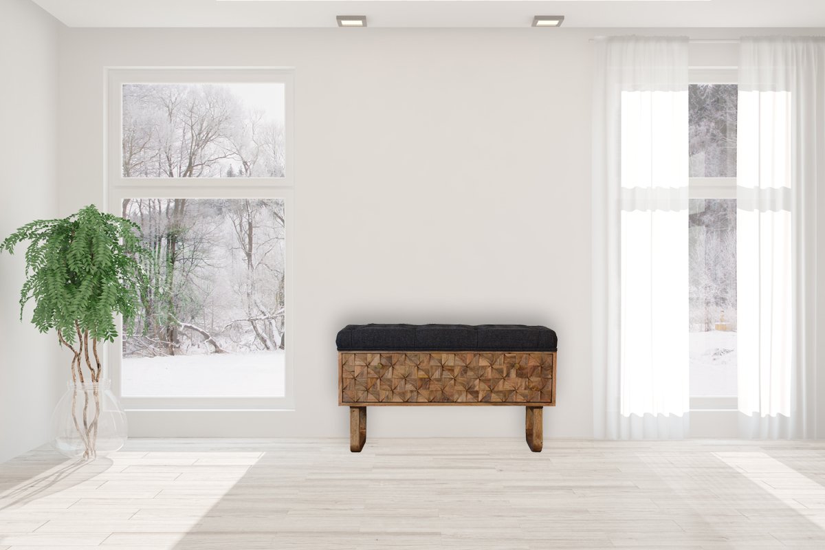 Ławka z litego drewna mango – czarna, 90 cm - Image 10