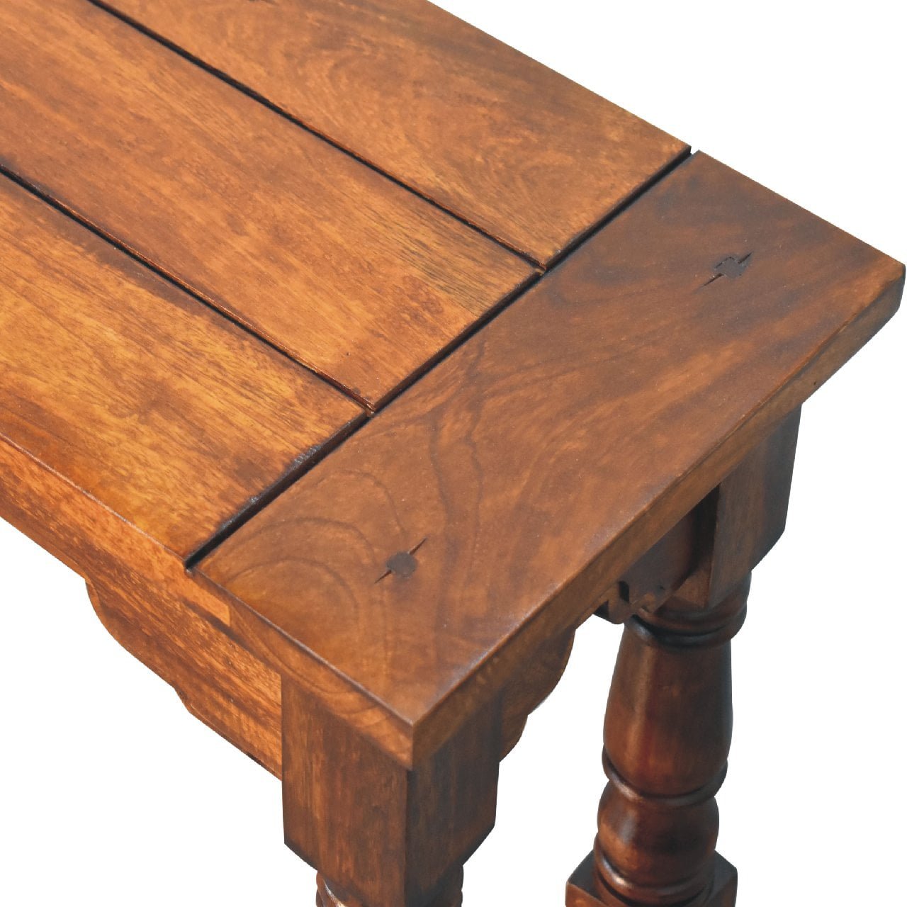 Ławka z litego drewna mango – kasztanowa, 134 cm - Image 6