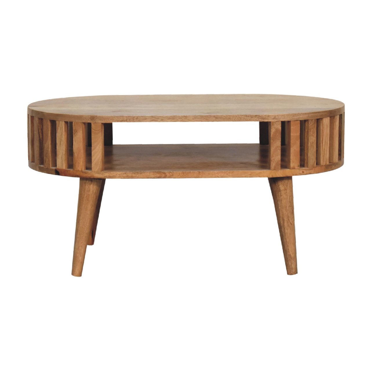 Stolik kawowy z litego drewna mango – dębowy, 80 cm — model IN3418