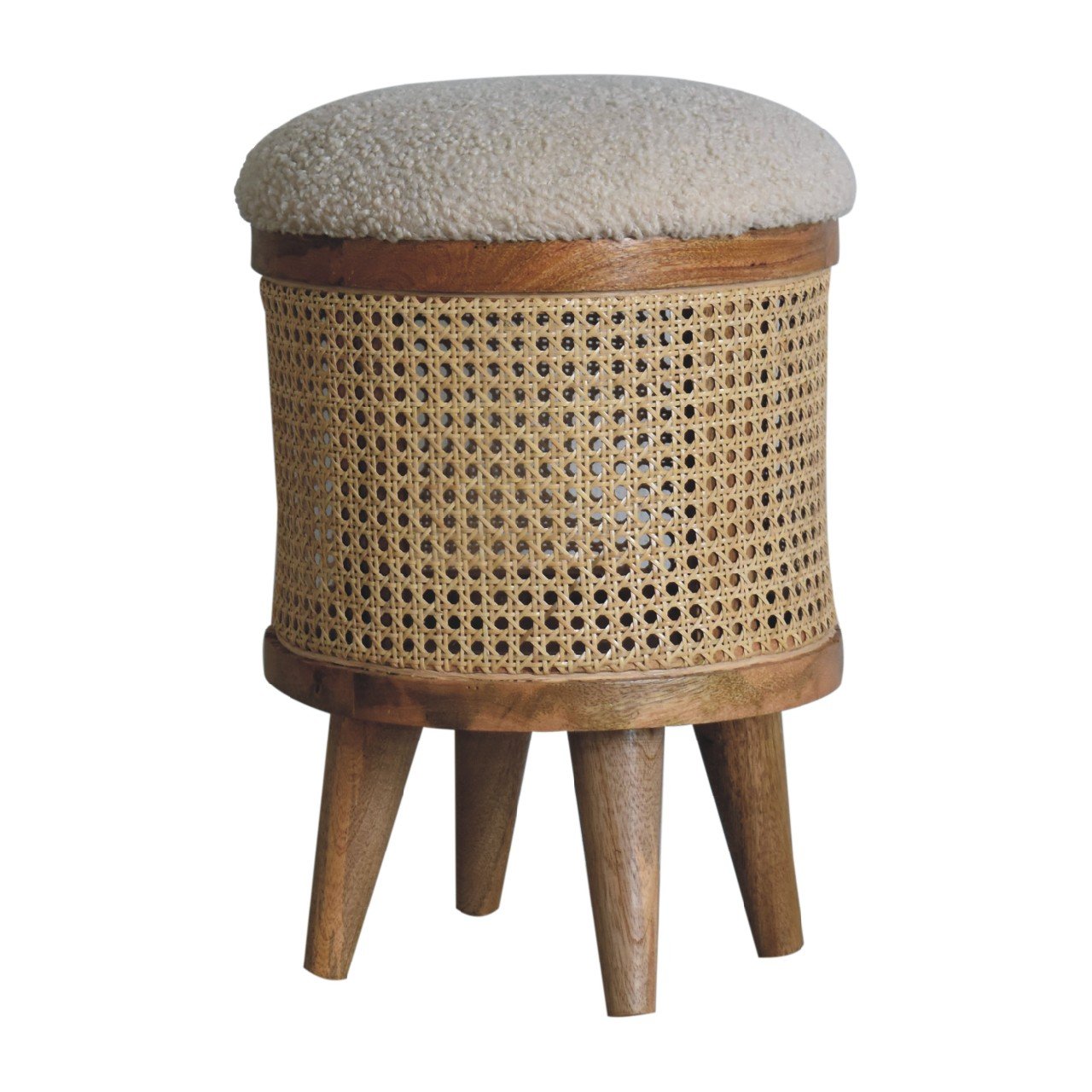 Pufa z drewna i tkaniny bouclé – naturalna, 31 cm