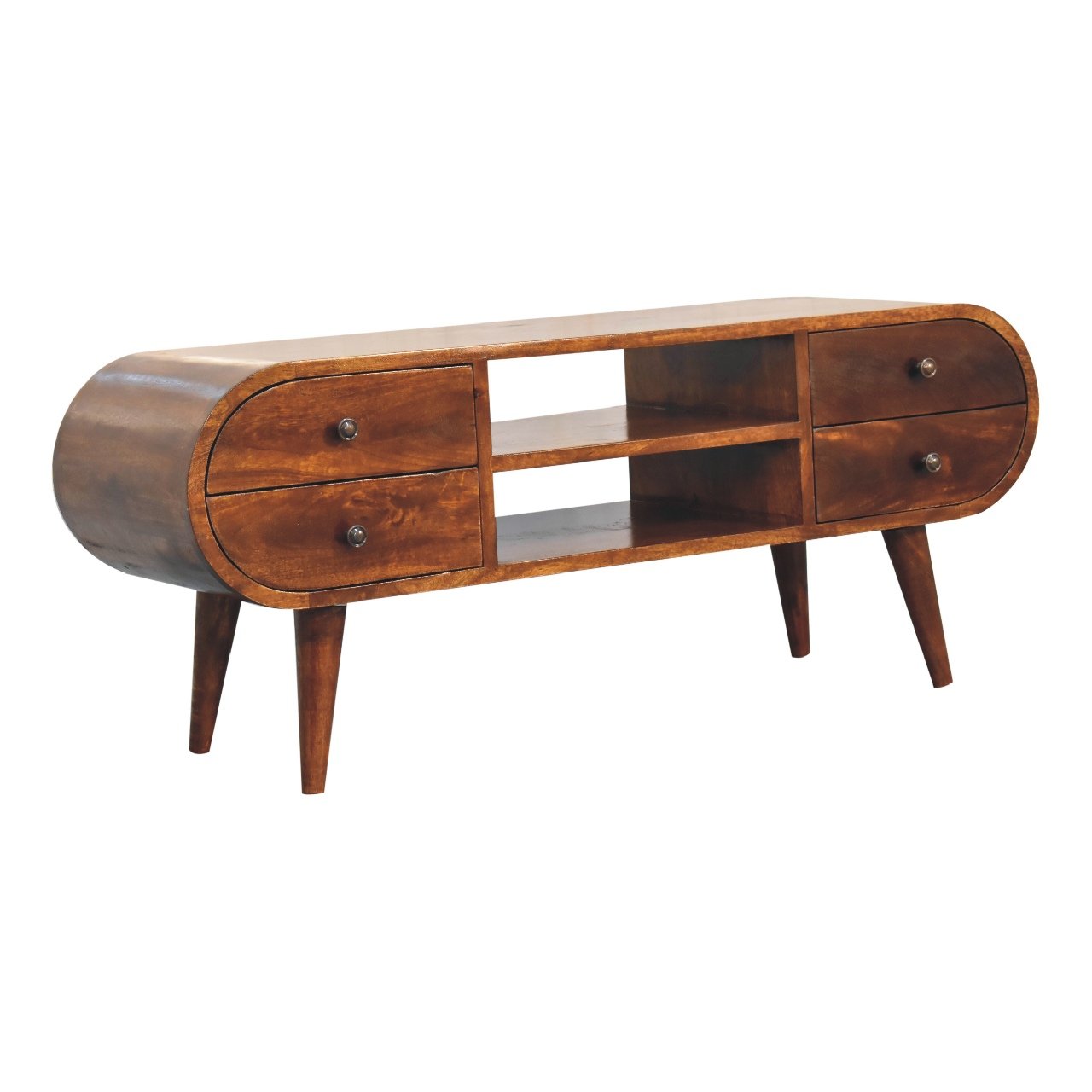 Szafka RTV z litego drewna mango – kasztanowa, 110 cm — model IN3569