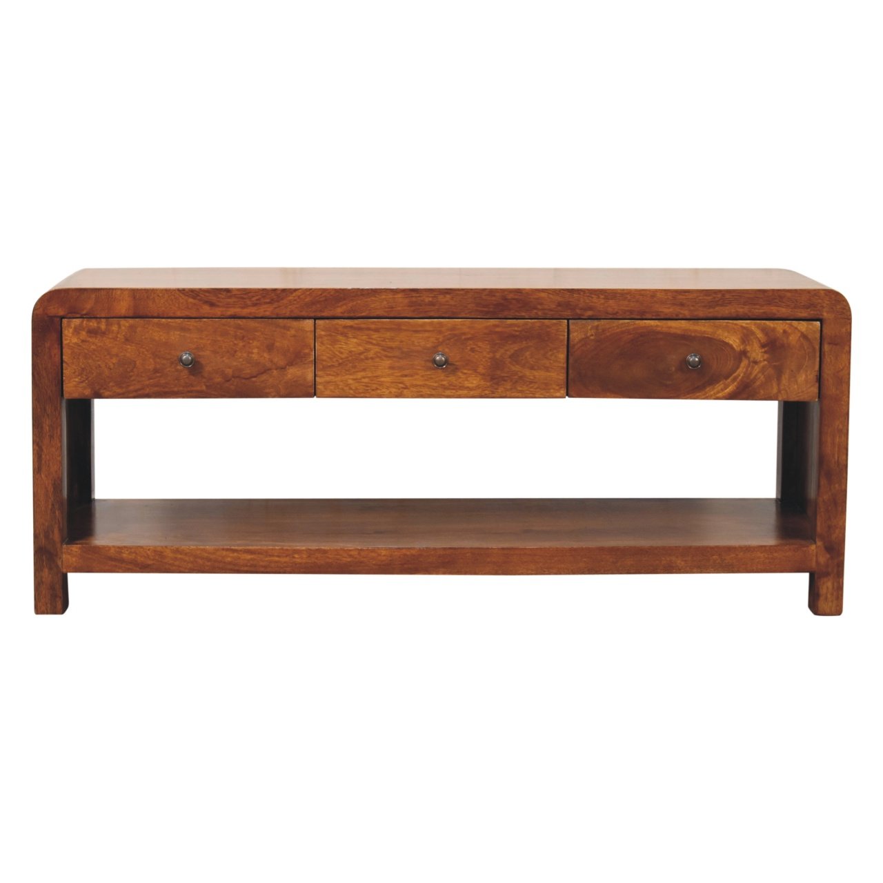 Szafka RTV z litego drewna mango – kasztanowa, 110 cm — model IN3675