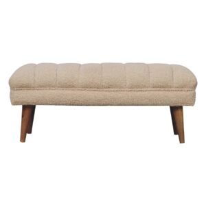 Ławka z drewna i tkaniny bouclé – 90 cm