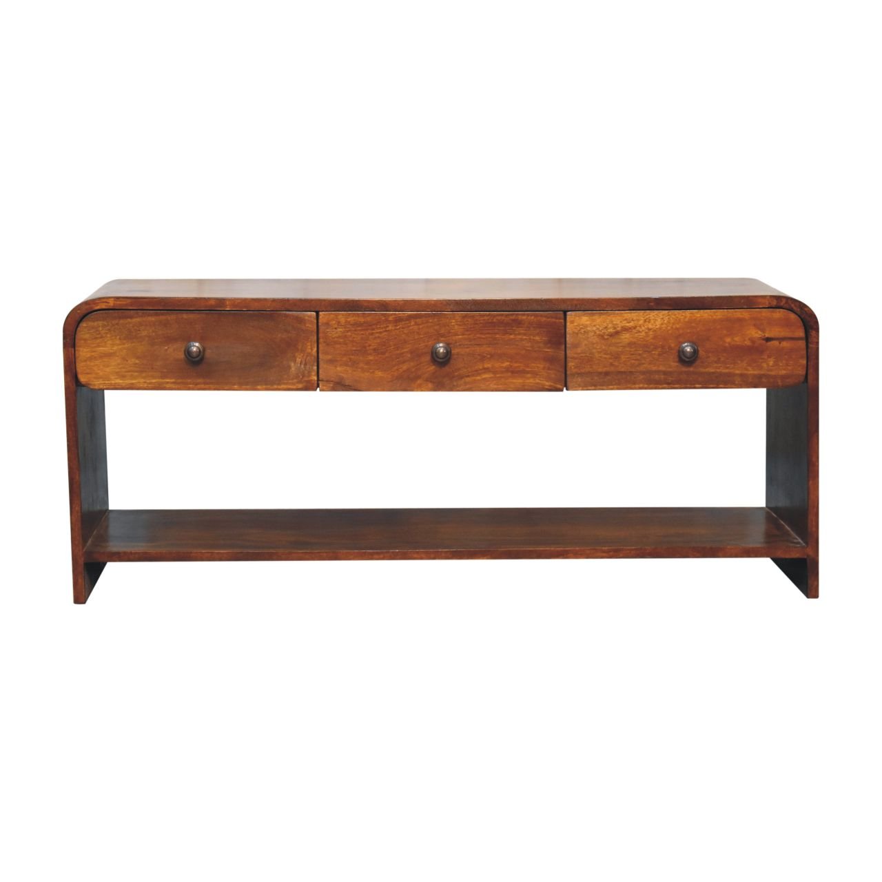 Szafka RTV z litego drewna mango – kasztanowa, 110 cm — model IN3761