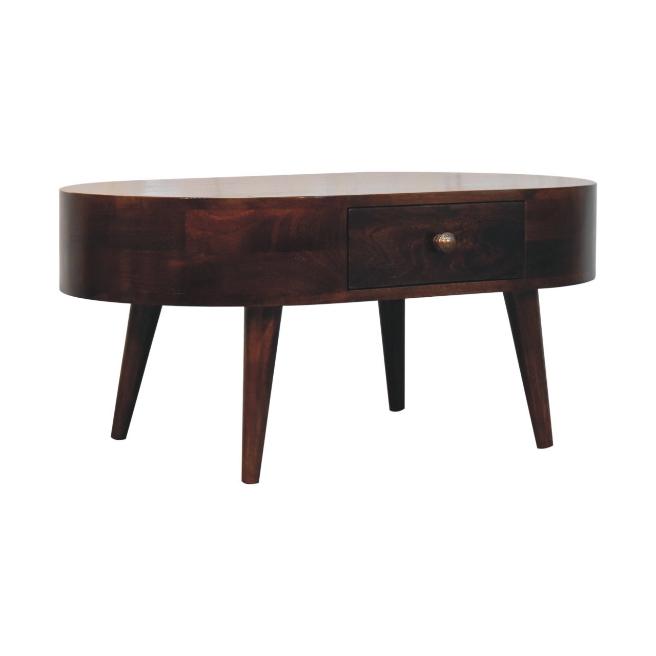 Stolik kawowy z litego drewna mango – orzechowy, 85 cm — model IN3829