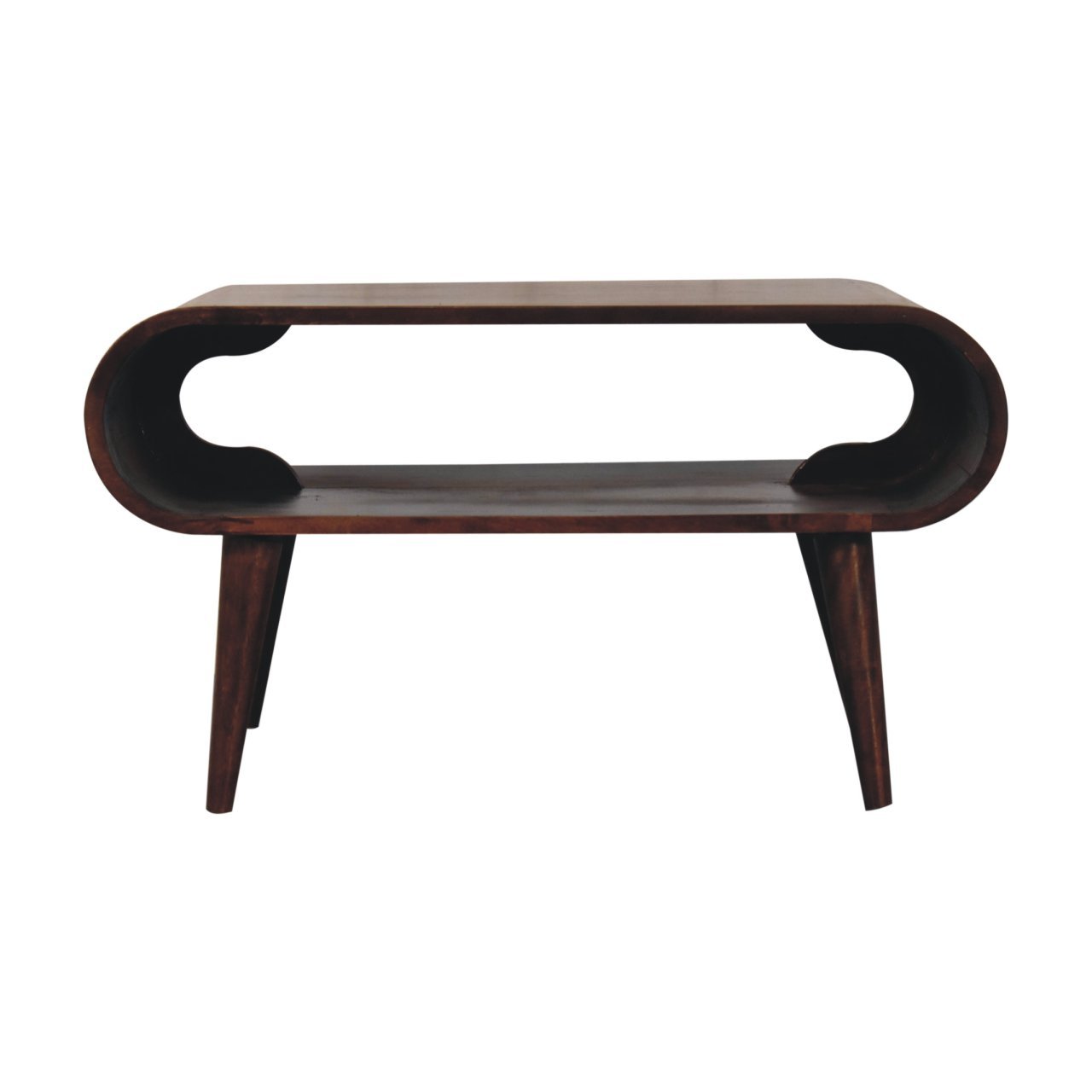 Stolik kawowy z litego drewna mango – orzechowy, 80 cm — model IN3835