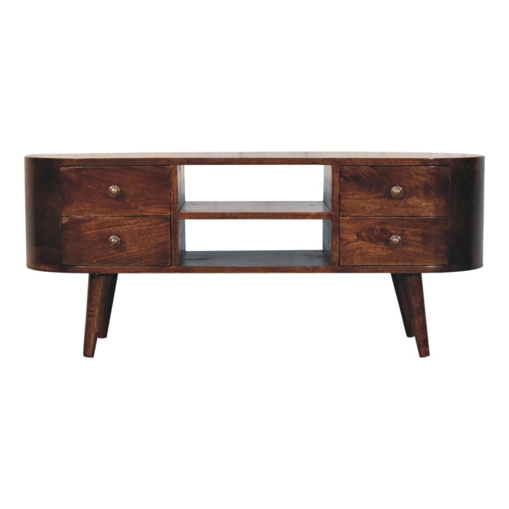 Szafka RTV z litego drewna mango – orzechowa, 110 cm