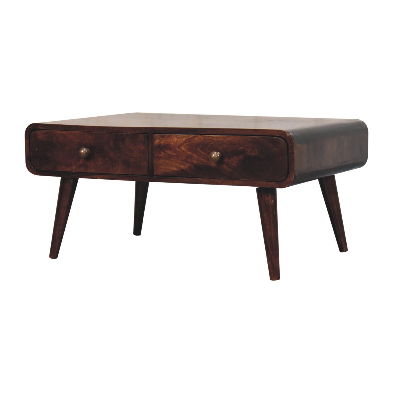 Stolik kawowy z litego drewna mango – orzechowy, 85 cm — model IN3867