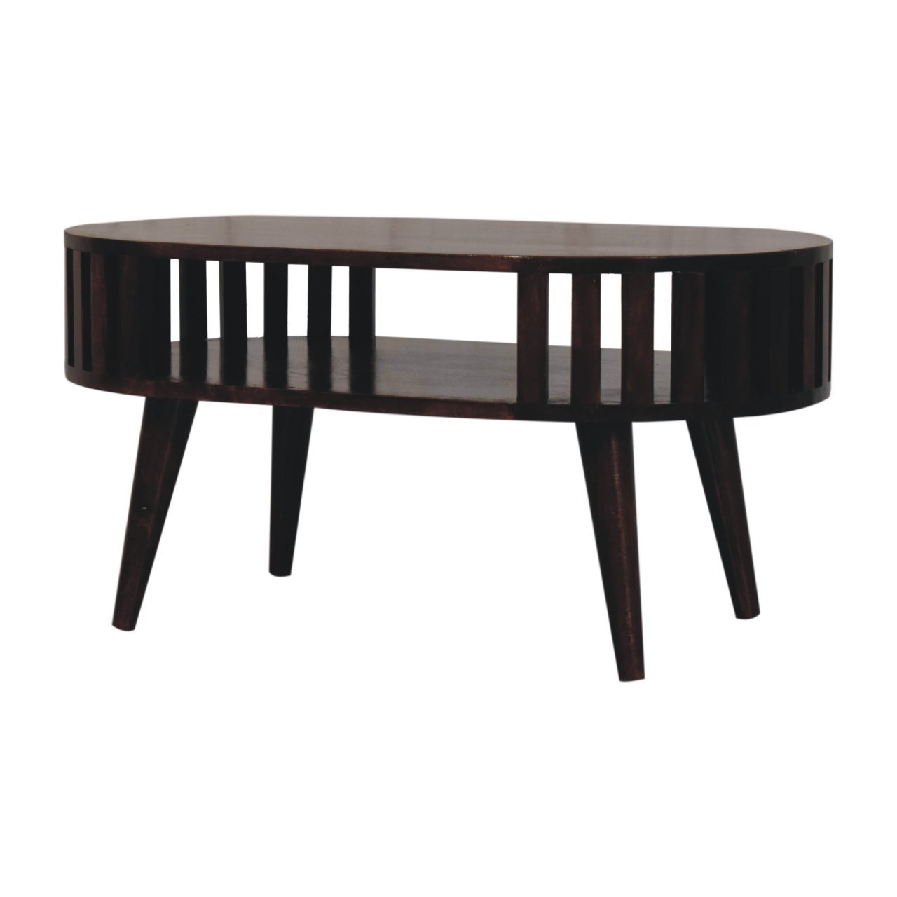 Stolik kawowy z litego drewna mango – orzechowy, 80 cm — model IN3877