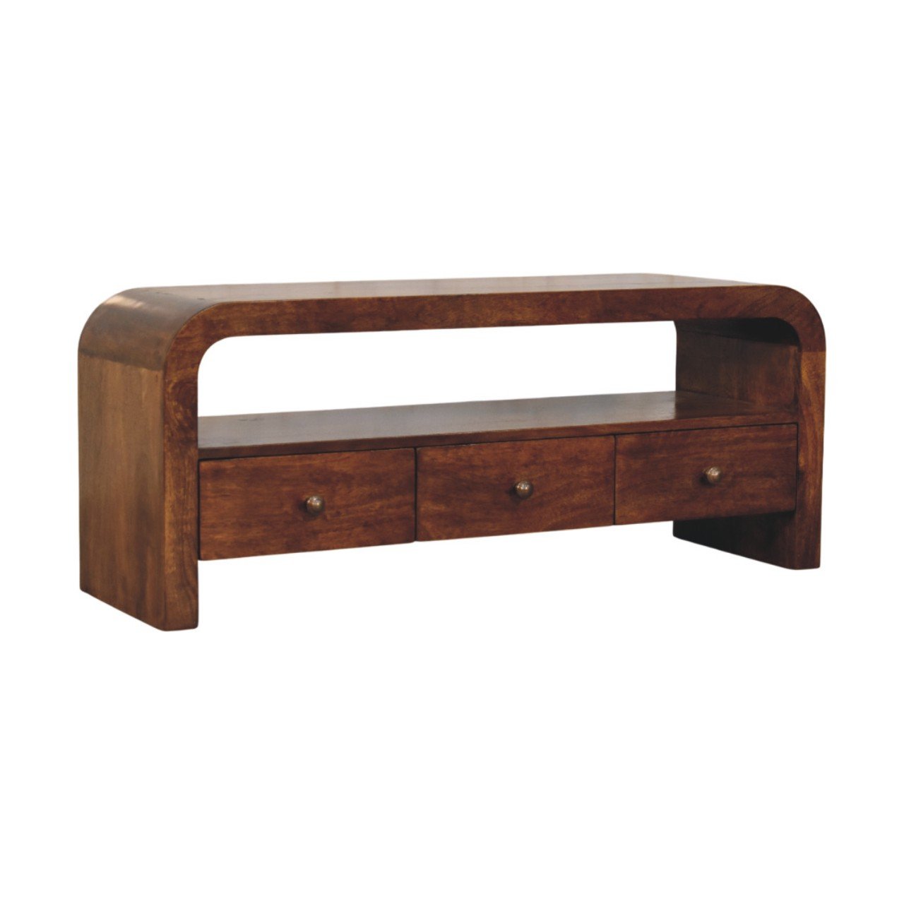 Szafka RTV z litego drewna mango – kasztanowa, 110 cm — model IN3990