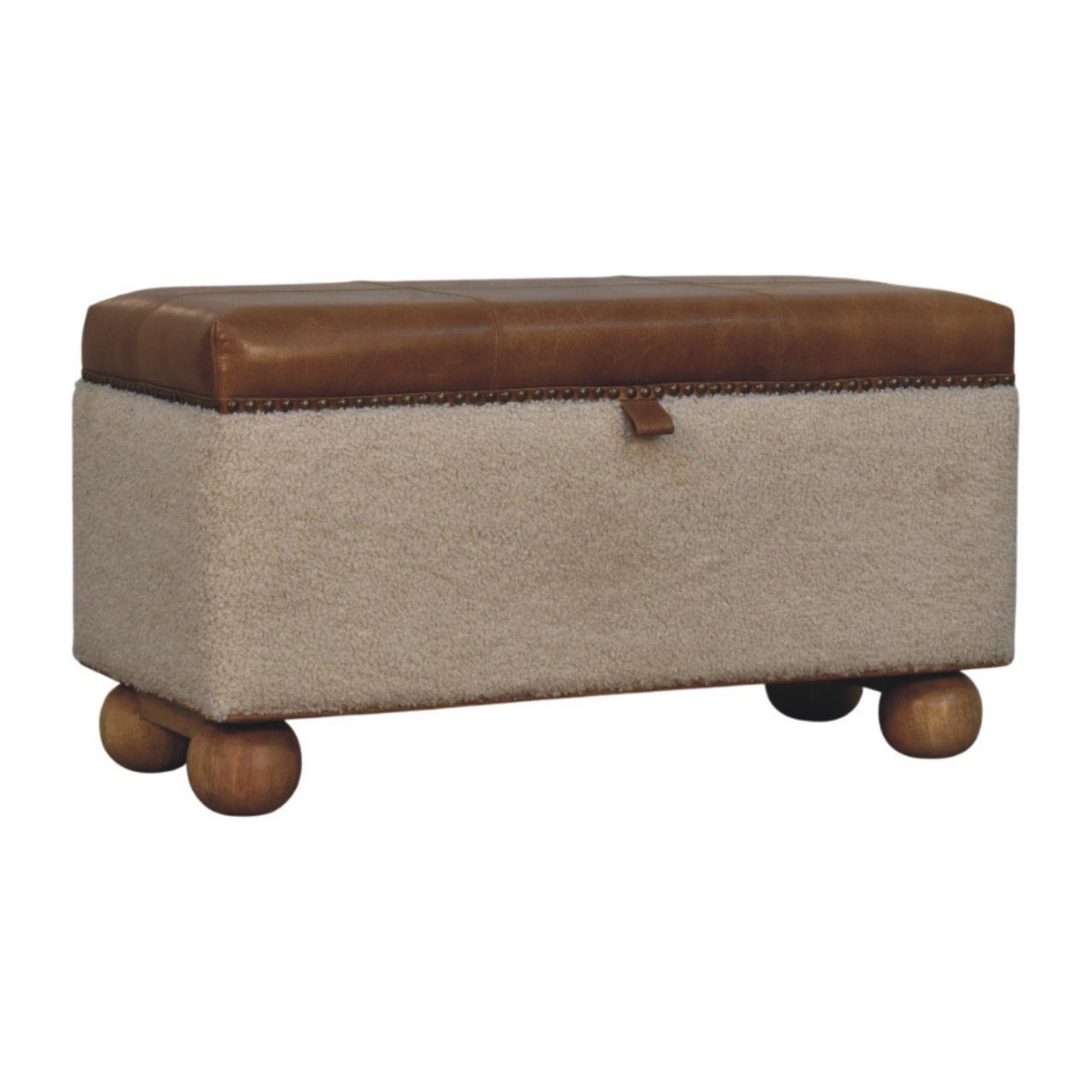 Pufa z drewna i tkaniny bouclé – 82 cm — model IN3999