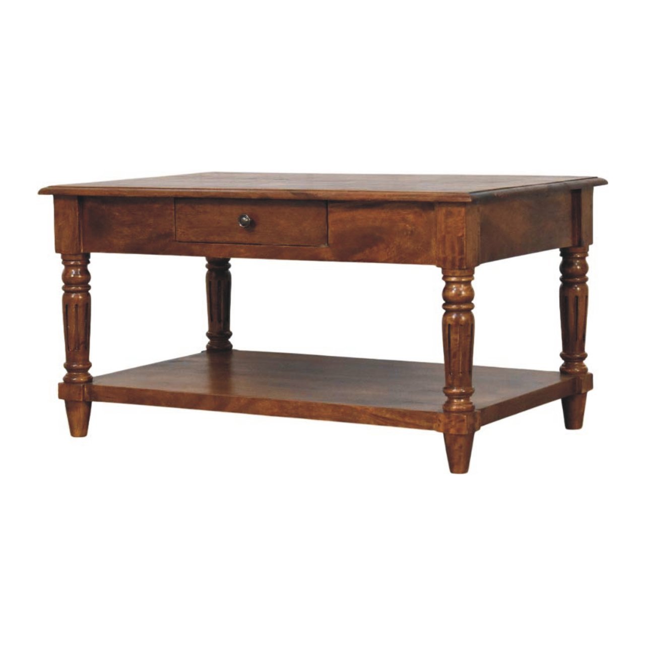 Stolik kawowy z litego drewna mango – kasztanowy, 85 cm — model IN4021