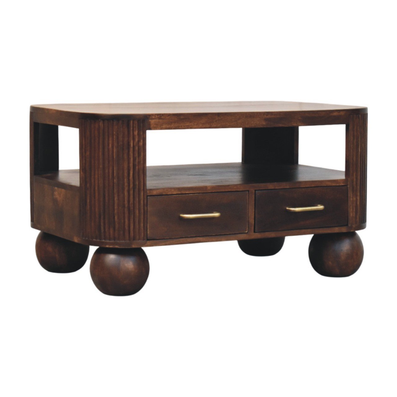 Stolik kawowy z litego drewna mango – orzechowy, 85 cm — model IN4098