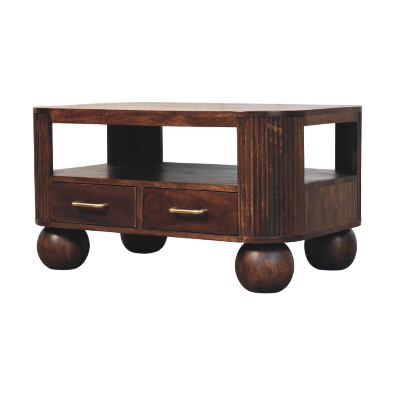 Stolik kawowy z litego drewna mango – orzechowy, 85 cm — model IN4098 - obrazek 2