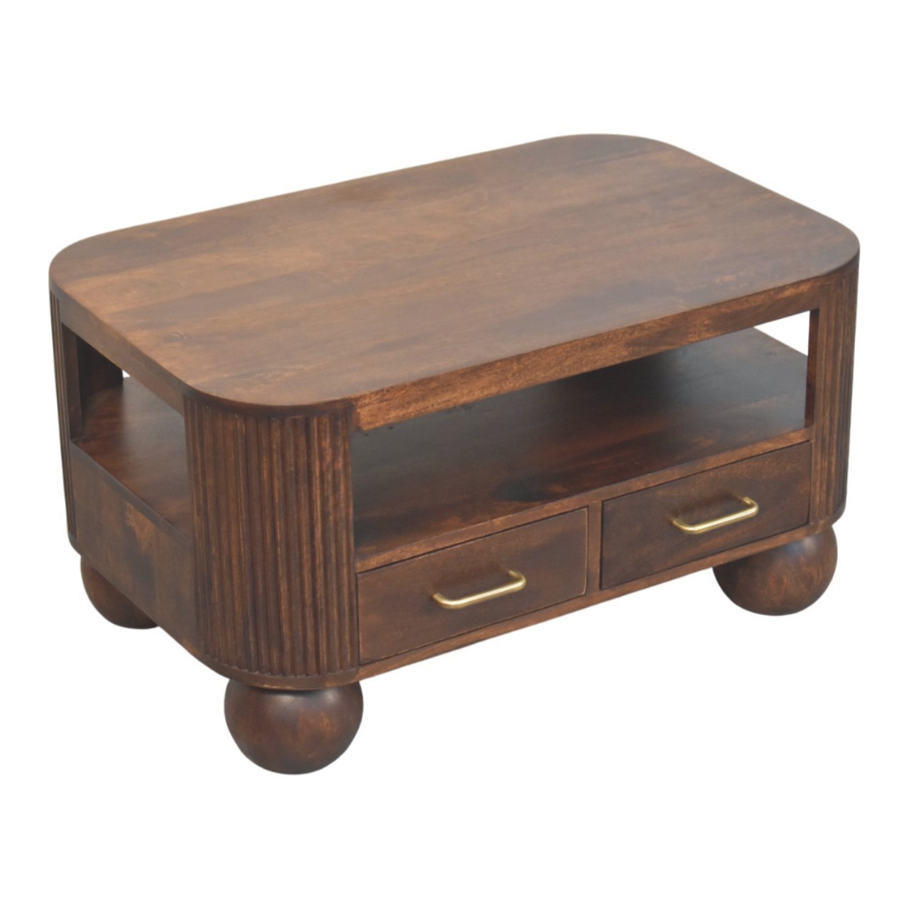 Stolik kawowy z litego drewna mango – orzechowy, 85 cm — model IN4098 - obrazek 4
