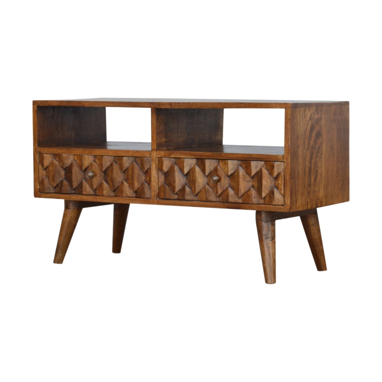 Szafka RTV z litego drewna mango – kasztanowa, 85 cm — model IN738