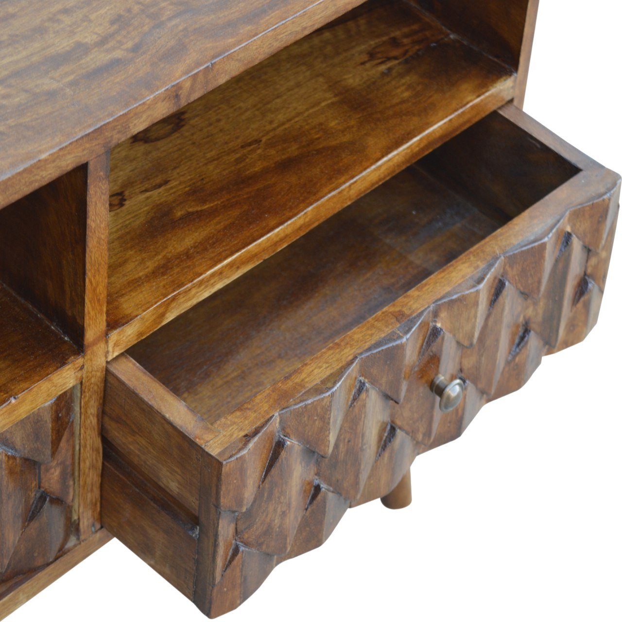 Szafka RTV z litego drewna mango – kasztanowa, 85 cm — model IN738 - obrazek 6