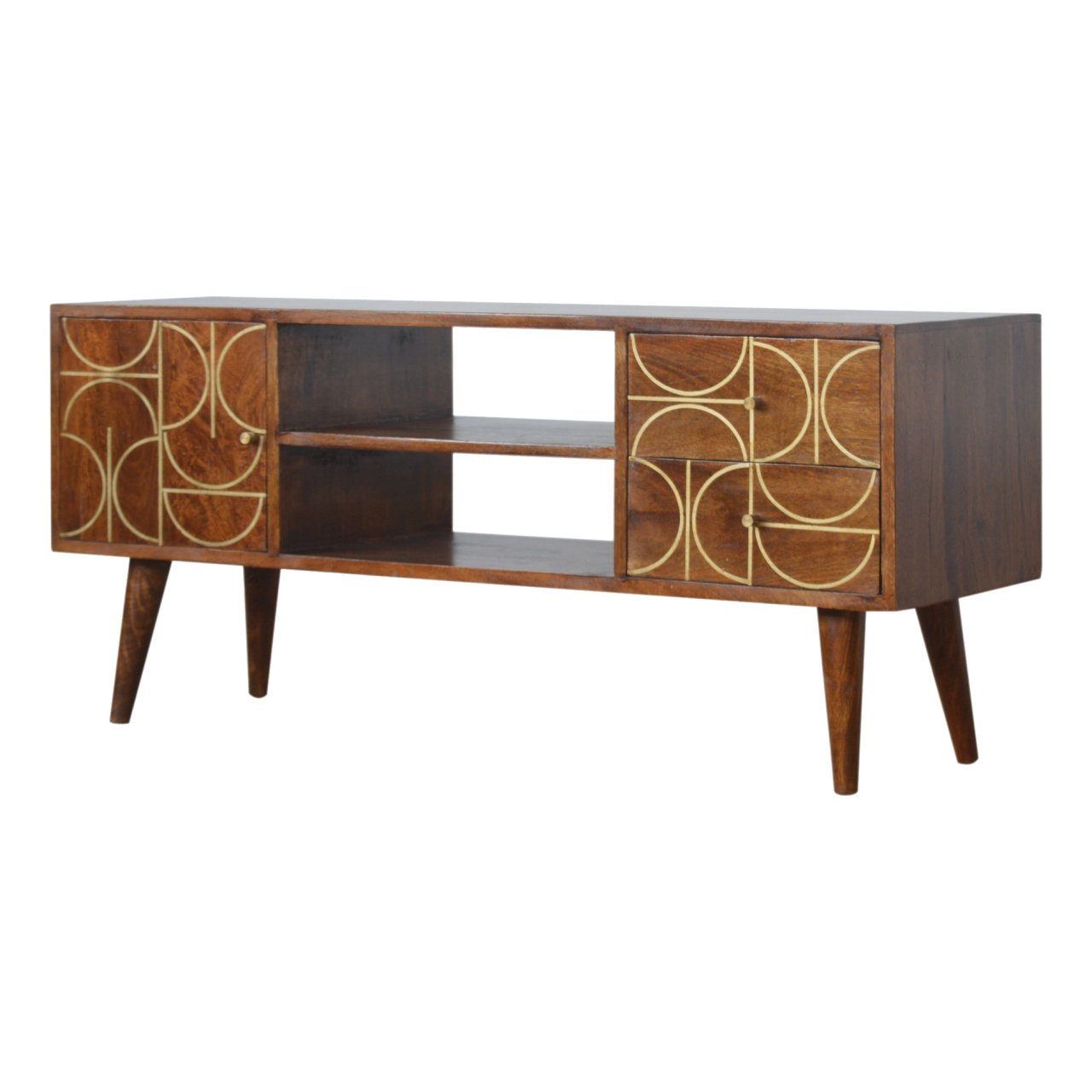 Szafka RTV z litego drewna mango – kasztanowa, 110 cm — model IN927