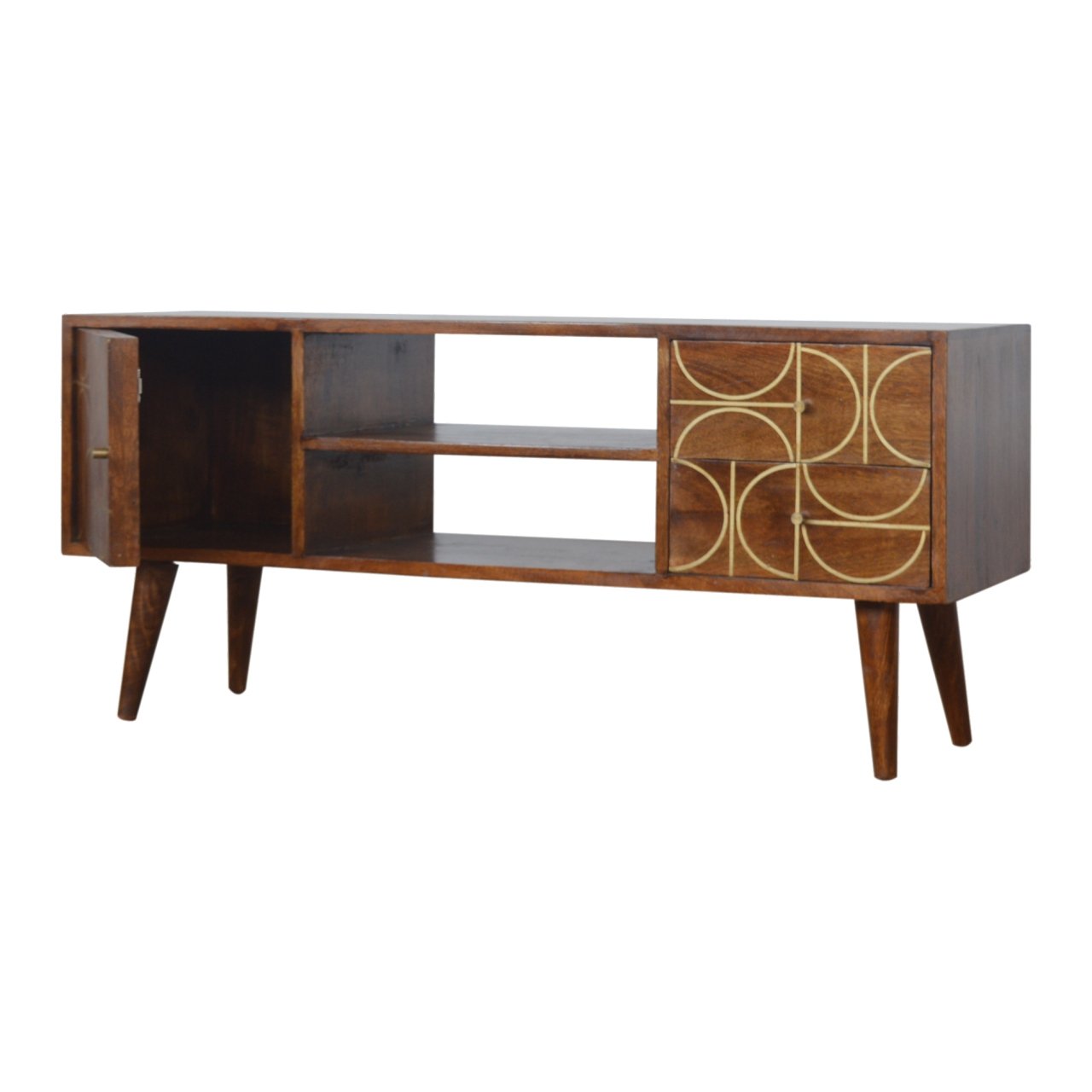 Szafka RTV z litego drewna mango – kasztanowa, 110 cm — model IN927 - obrazek 2