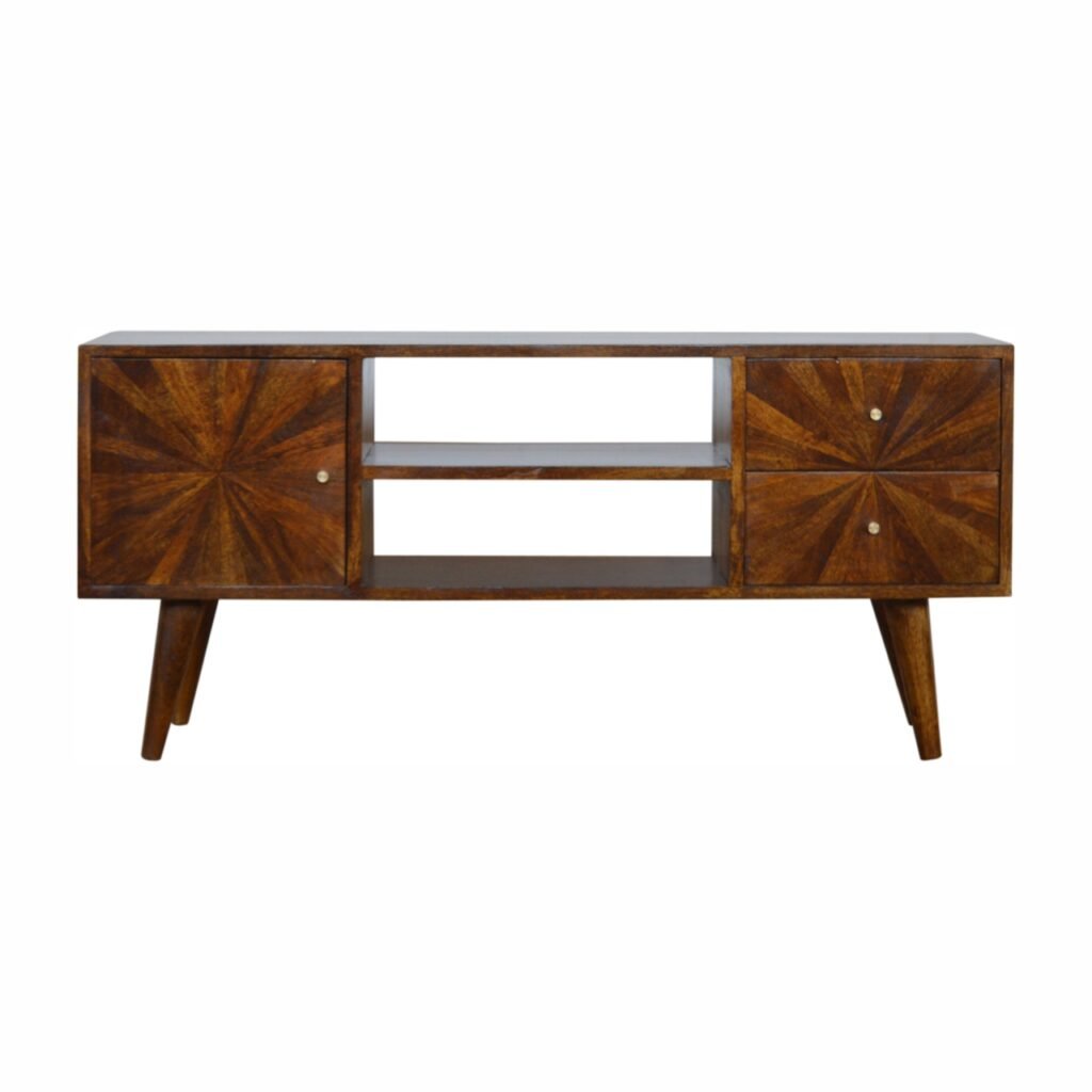 Szafka RTV z litego drewna mango – kasztanowa, 110 cm — model IN998