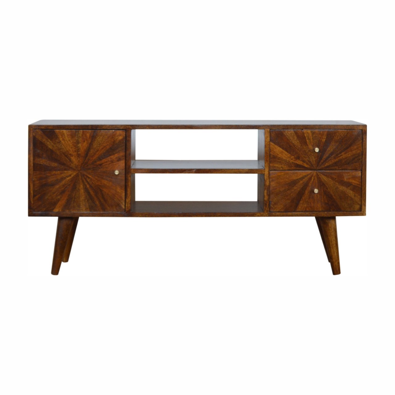 Szafka RTV z litego drewna mango – kasztanowa, 110 cm — model IN998