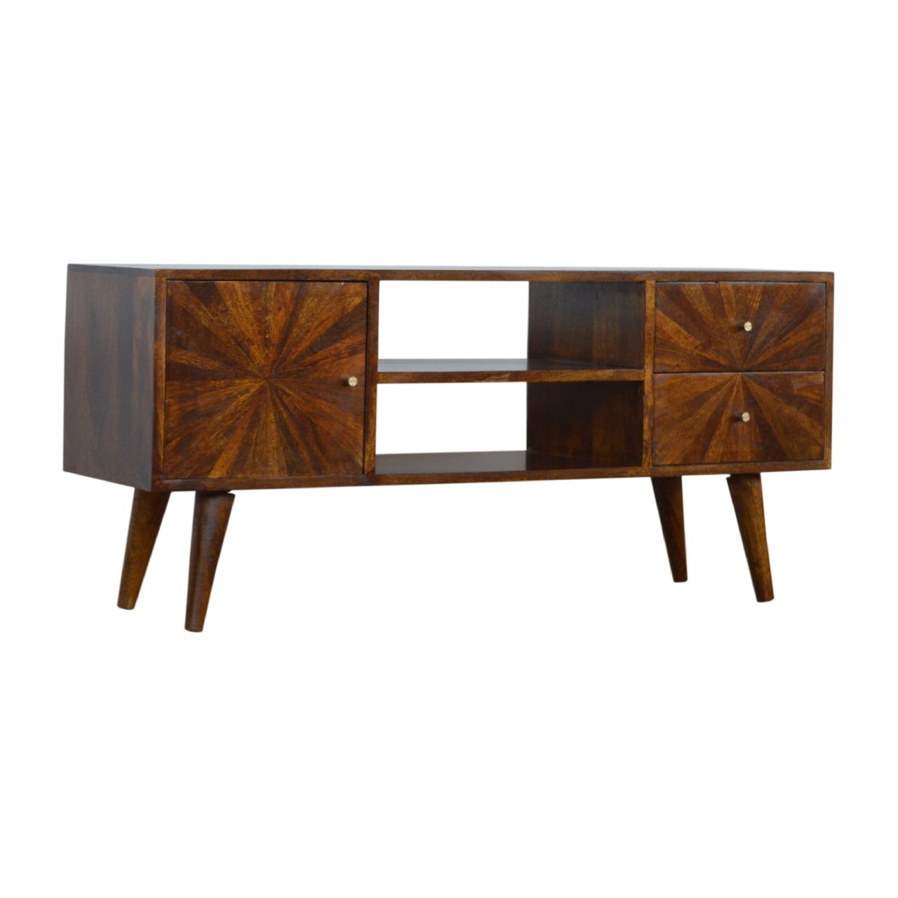 Szafka RTV z litego drewna mango – kasztanowa, 110 cm — model IN998 - obrazek 2