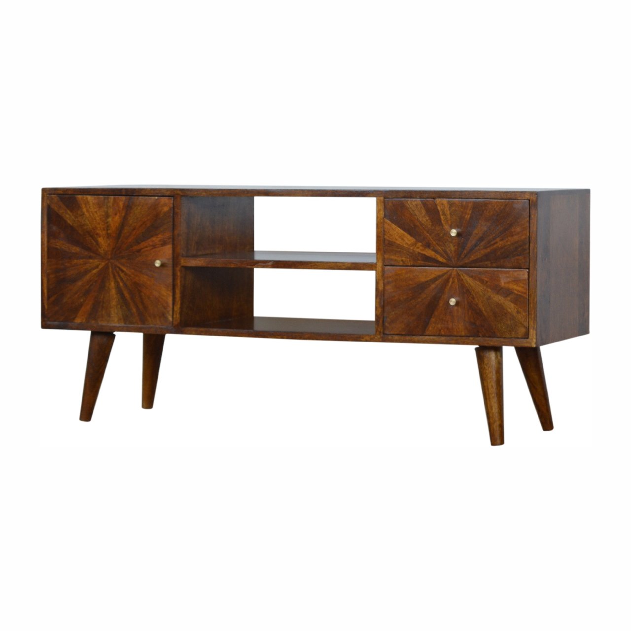 Szafka RTV z litego drewna mango – kasztanowa, 110 cm — model IN998 - obrazek 3