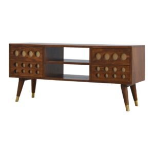 Szafka RTV z litego drewna mango – kasztanowa, 110 cm — model IN371