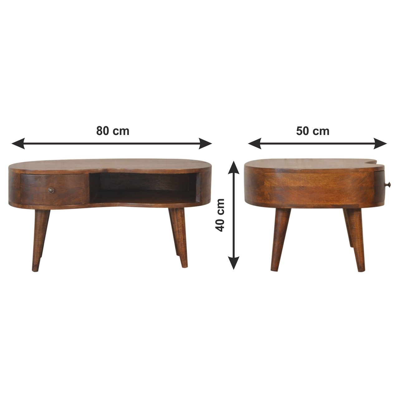 Stolik kawowy z litego drewna mango – kasztanowy, 80 cm — model IN1490 - wymiary