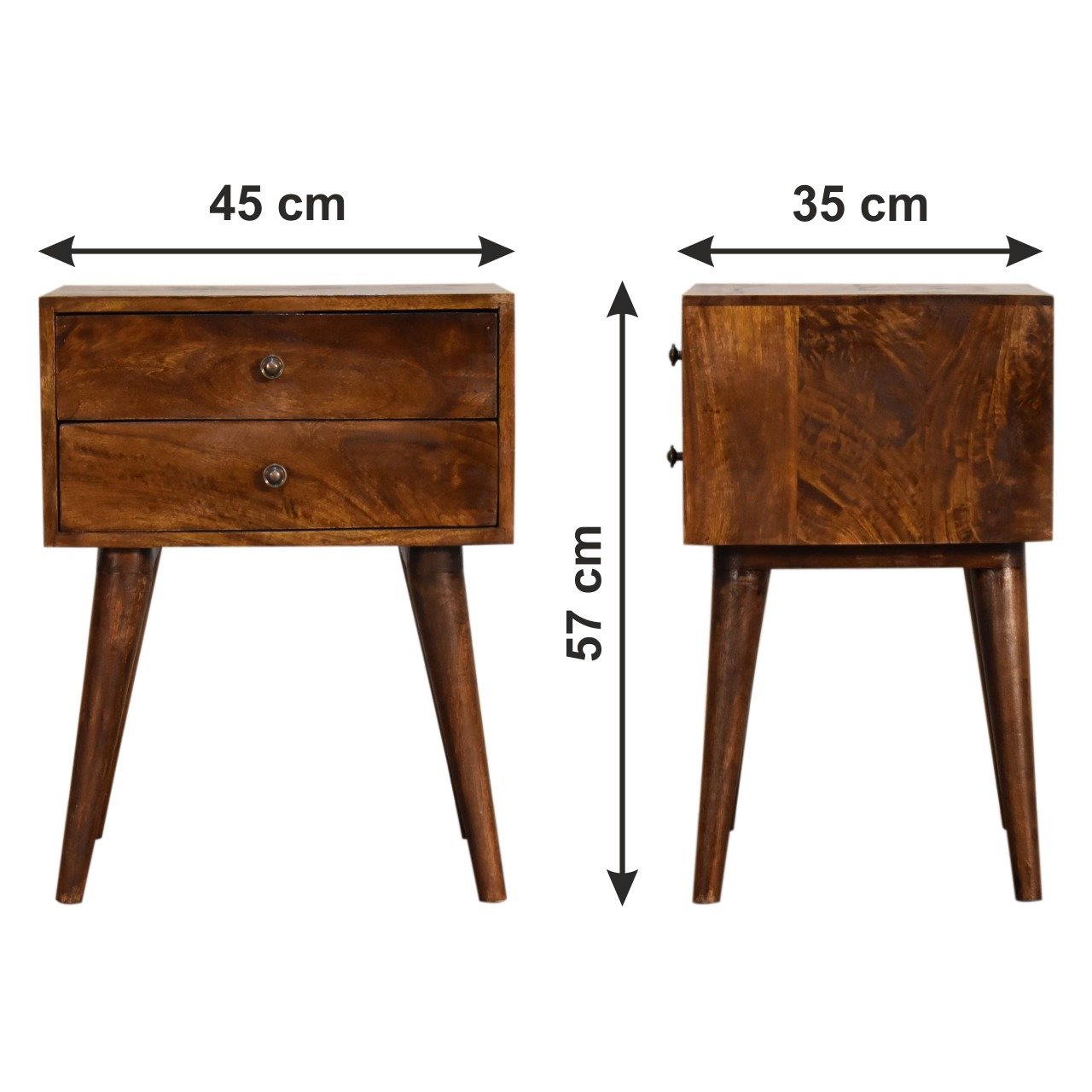 Szafka nocna z litego drewna mango – kasztanowa, 45 cm — model IN1569 - wymiary