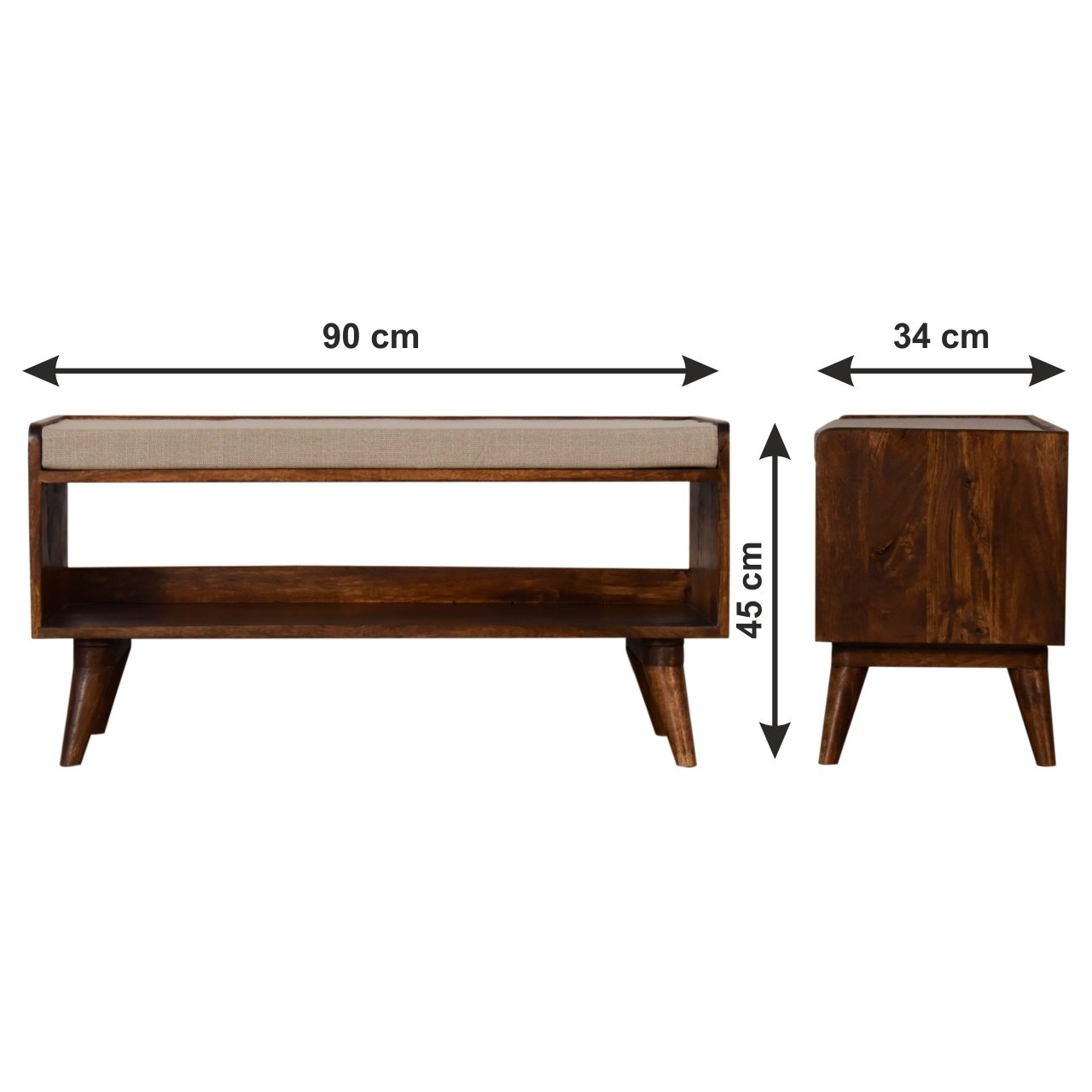 Ławka z litego drewna mango – kasztanowa, 90 cm — model IN2108 - wymiary