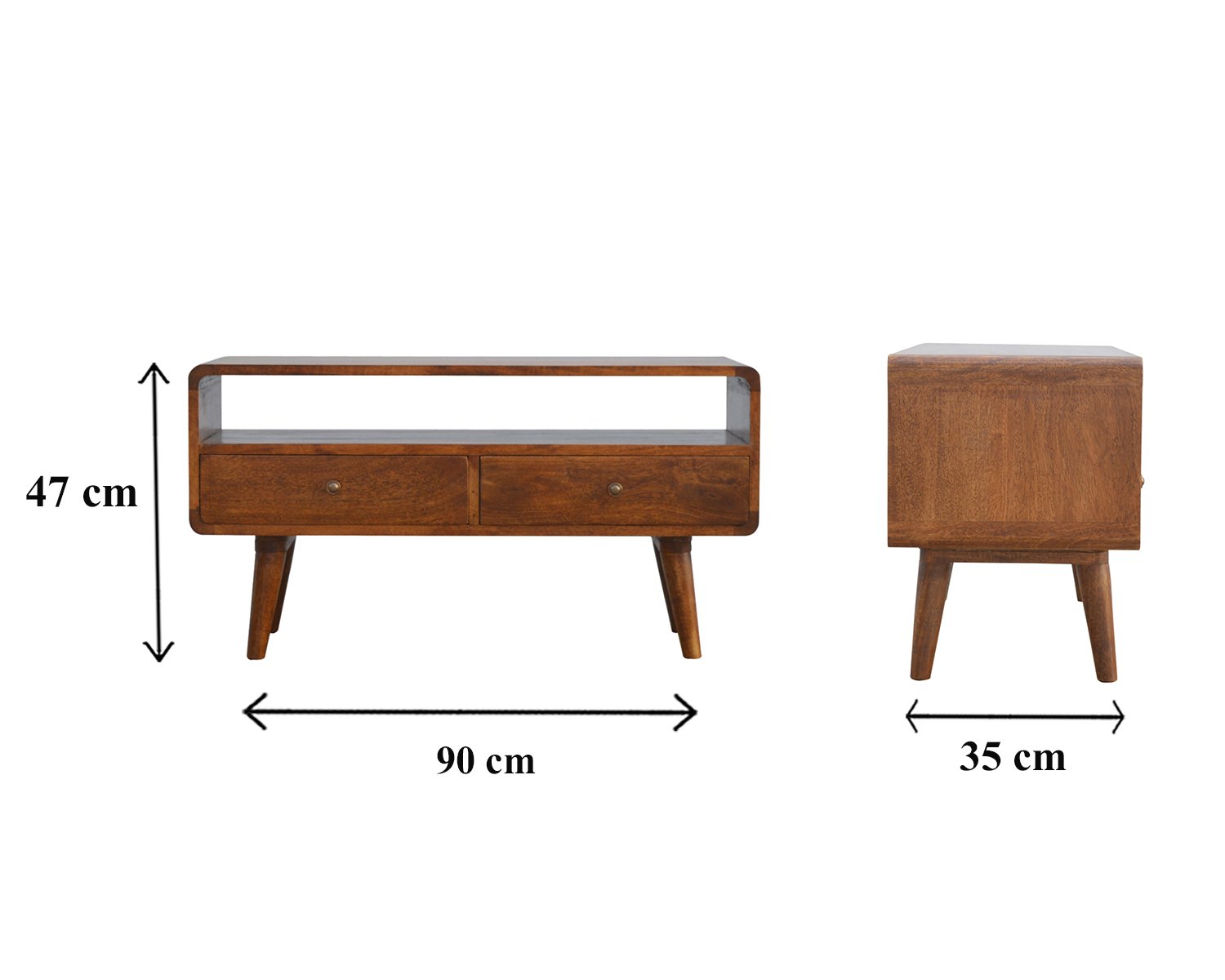 Szafka RTV z litego drewna mango – kasztanowa, 90 cm — model IN309 - wymiary