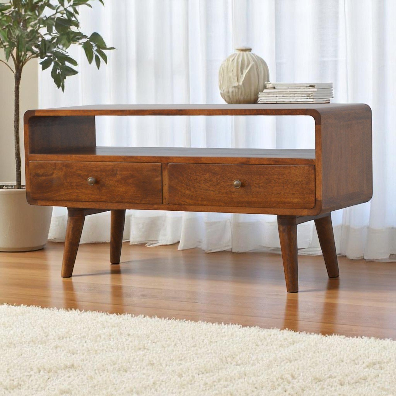 Szafka RTV z litego drewna mango – kasztanowa, 90 cm — model IN309 - aranzacja wnetrza