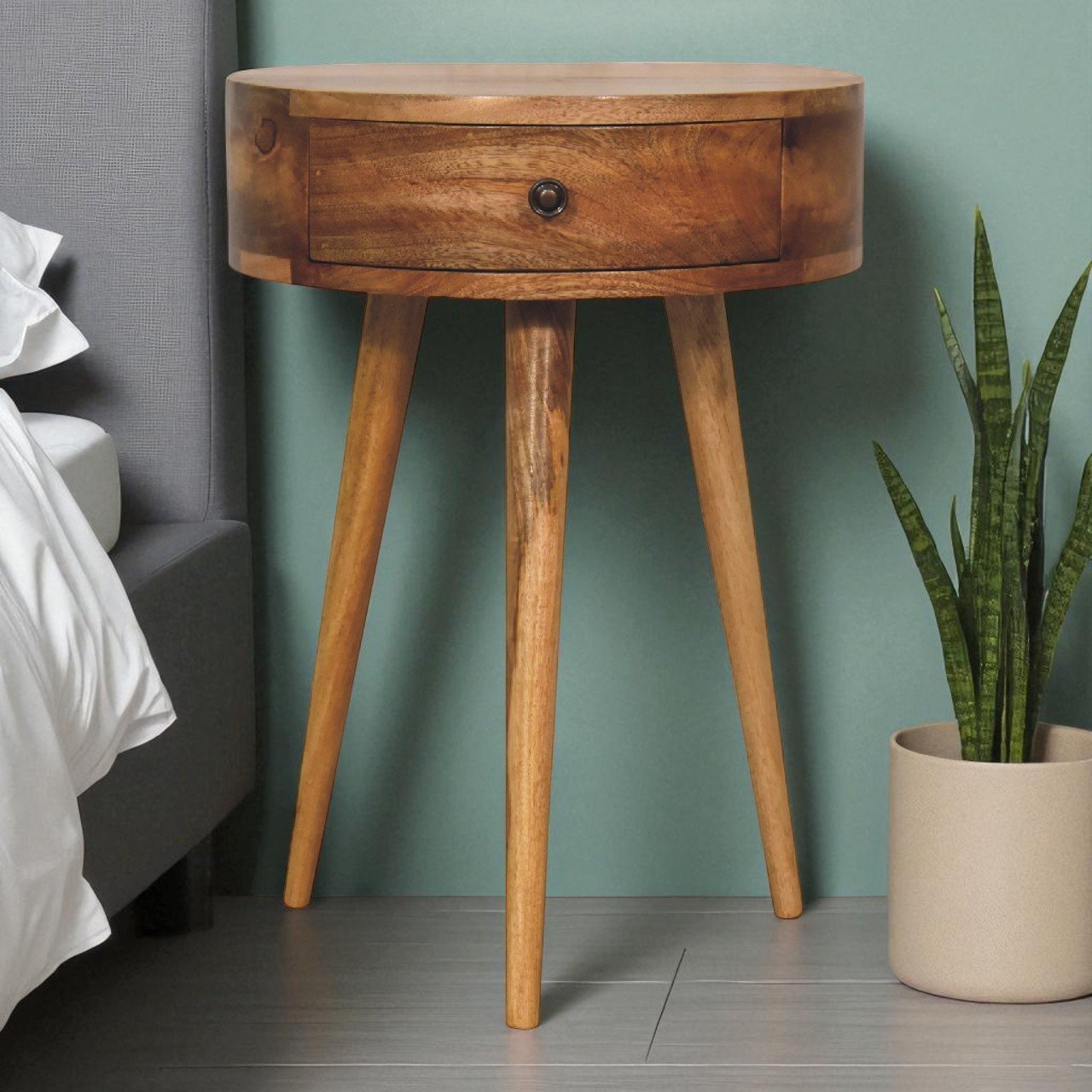 Szafka nocna z litego drewna mango – dębowa, 40 cm — model IN3279 - aranzacja wnetrza