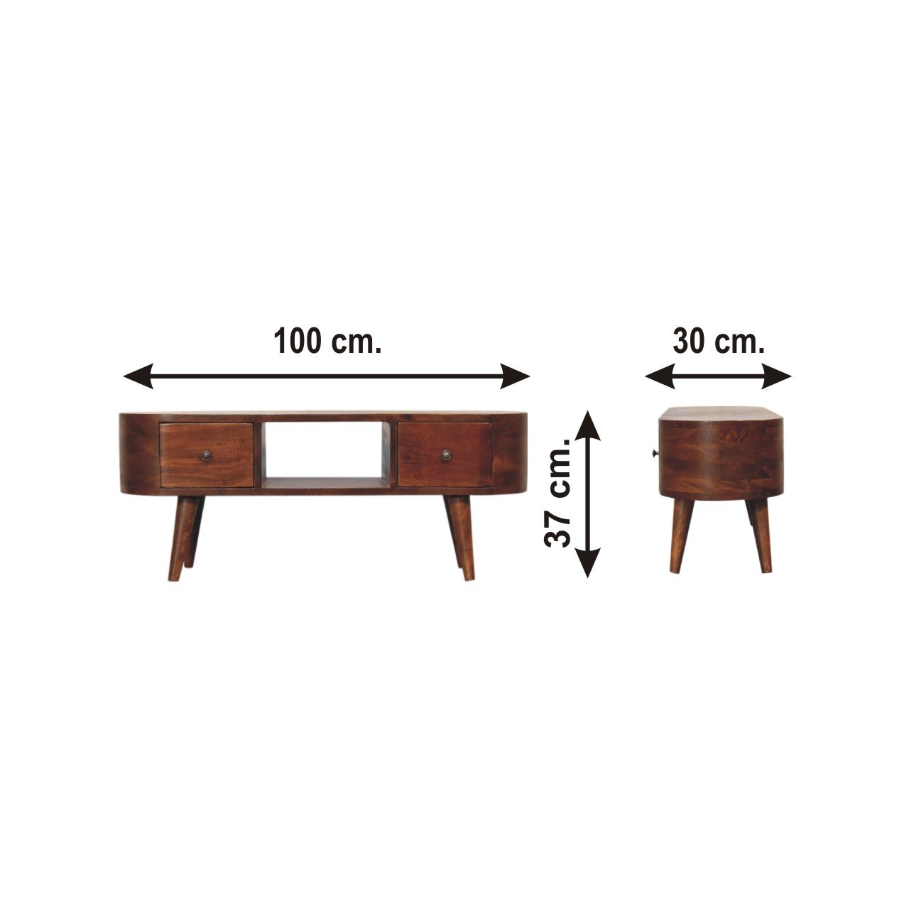 Szafka RTV z litego drewna mango – kasztanowa, 100 cm — model IN3315 - wymiary