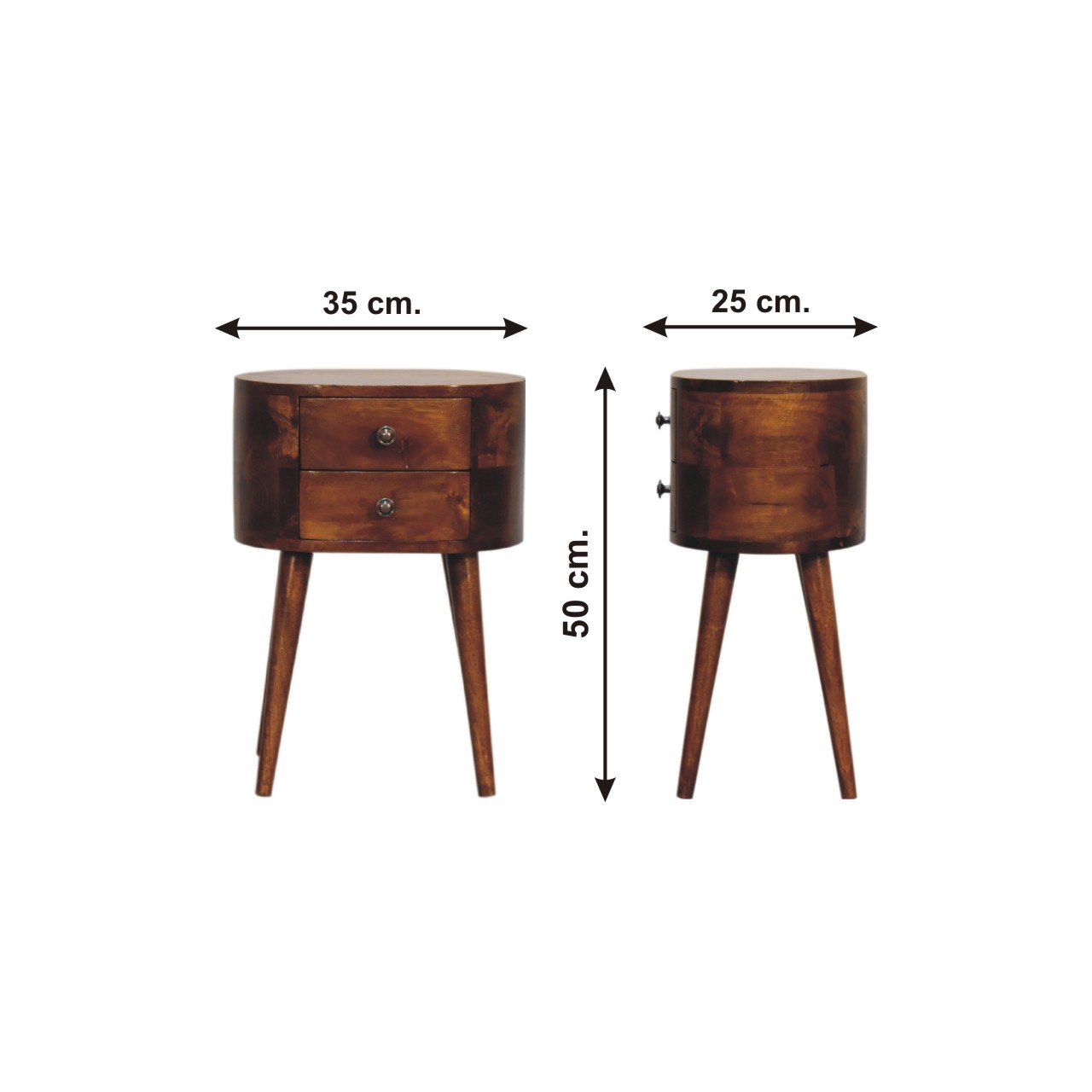Szafka nocna z litego drewna mango – kasztanowa, 35 cm — model IN3331 - wymiary