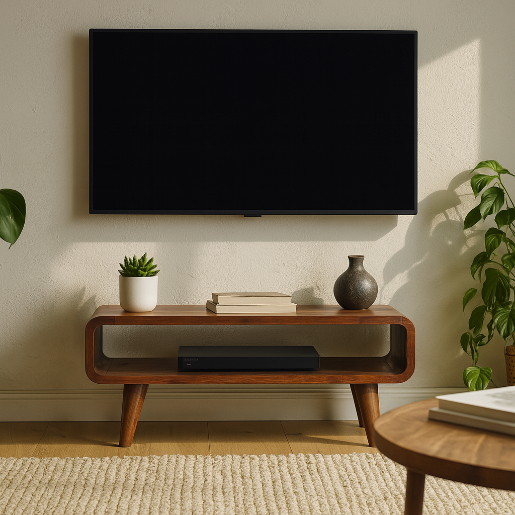 Szafka RTV z litego drewna mango – kasztanowa, 65 cm - aranzacja wnetrza