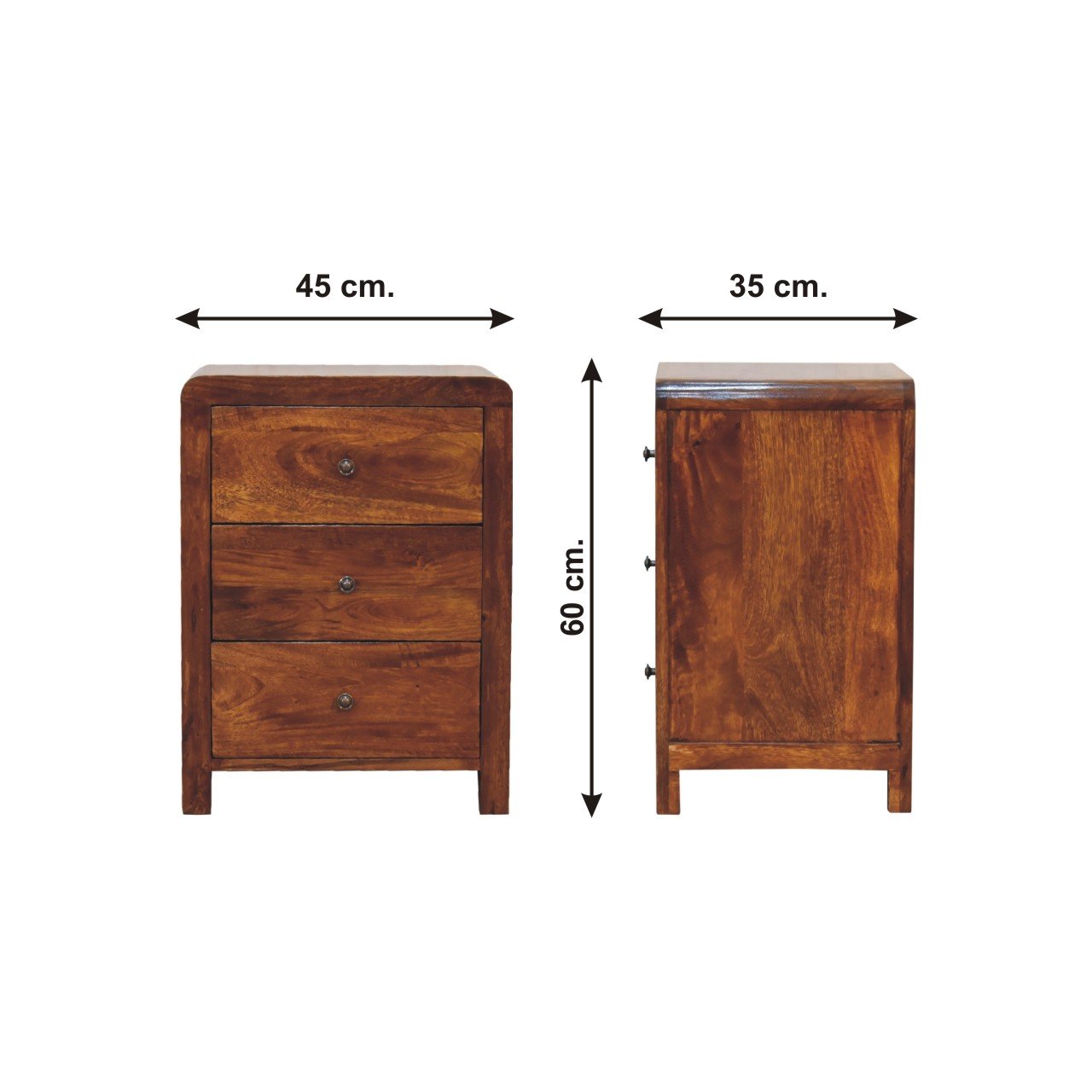 Szafka nocna z litego drewna mango – kasztanowa, 45 cm — model IN3402 - wymiary