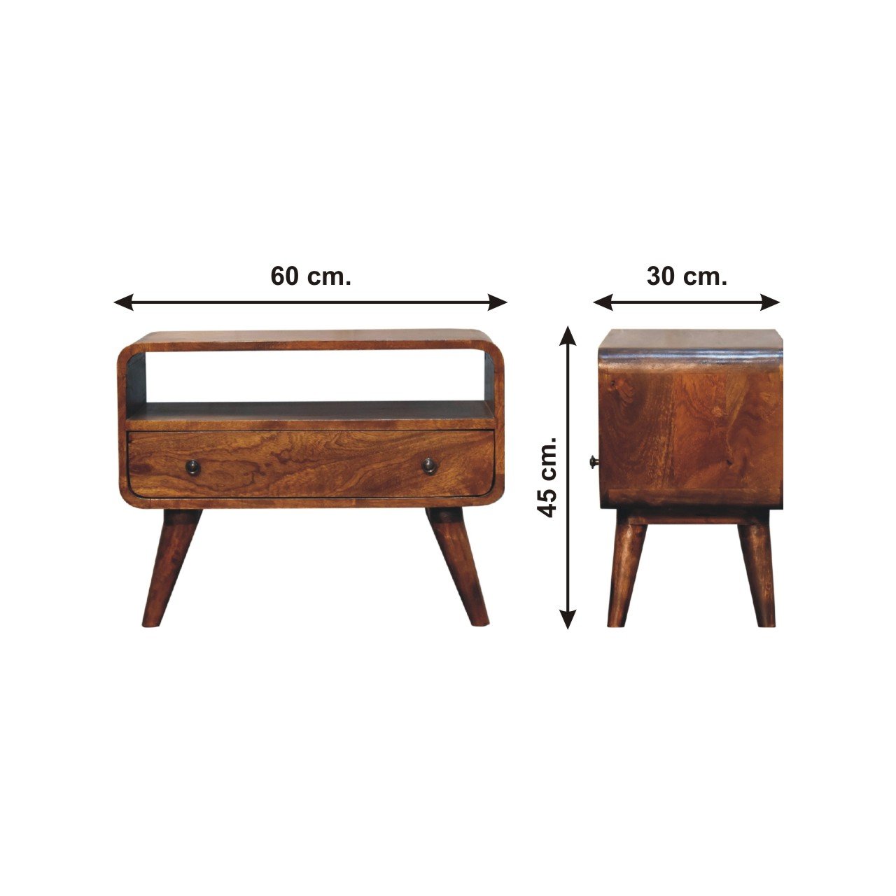Szafka RTV z litego drewna mango – kasztanowa, 60 cm — model IN3539 - wymiary