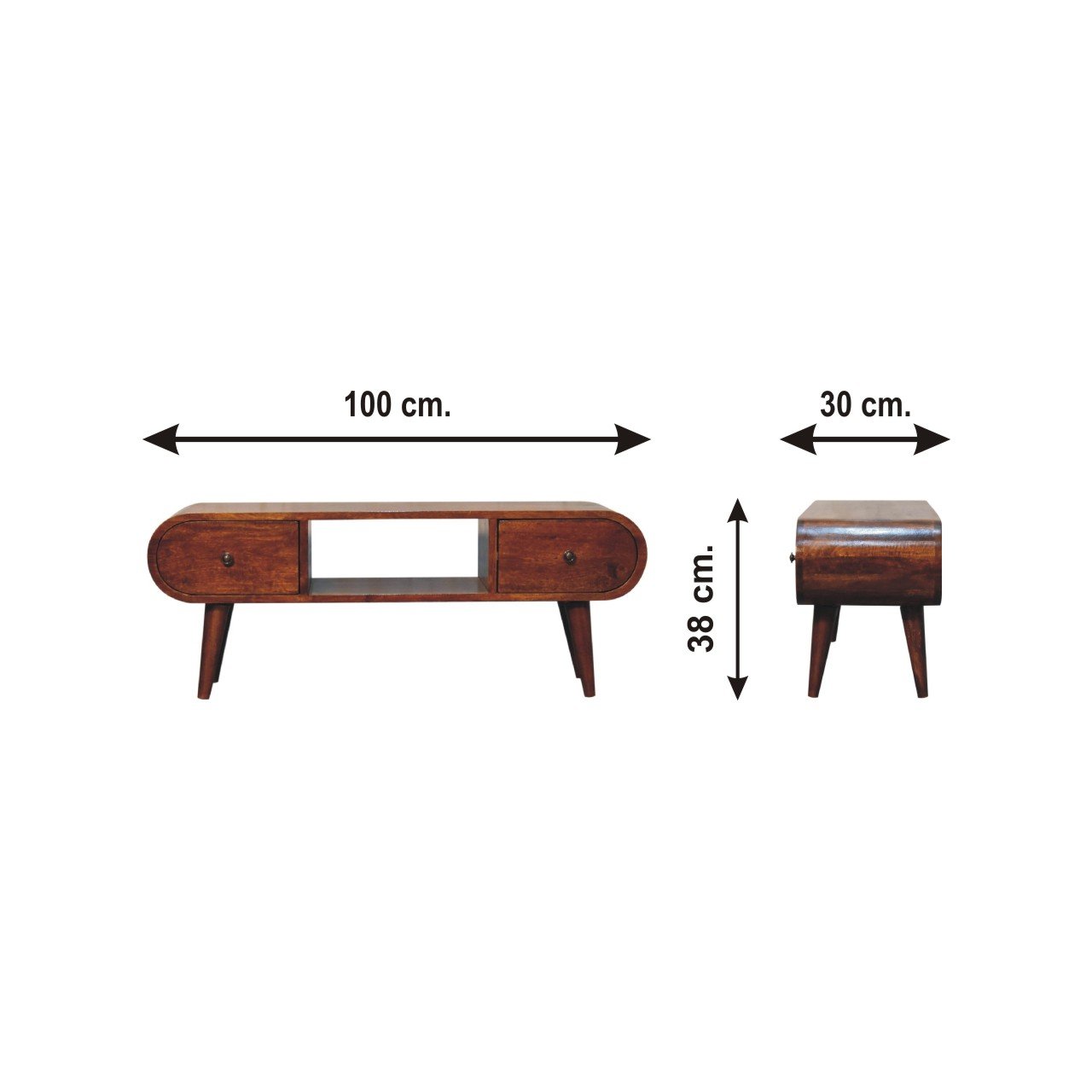 Szafka RTV z litego drewna mango – kasztanowa, 100 cm — model IN3607 - wymiary